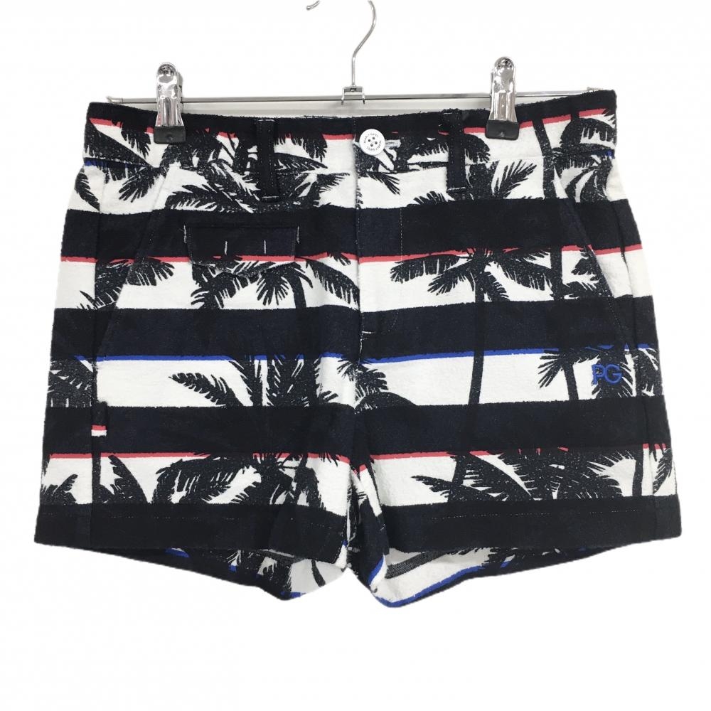 【新品】パーリーゲイツ ショートパンツ 黒×白 ボーダー ヤシの木柄 薄手パイル風生地 レディース 1(M) ゴルフウェア PEARLY GATES