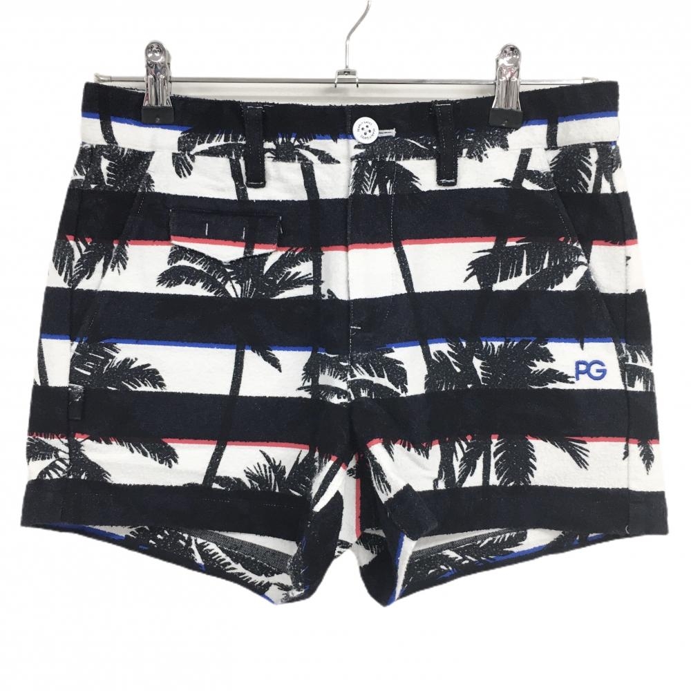 【新品】パーリーゲイツ ショートパンツ 黒×白 ボーダー ヤシの木柄 薄手パイル風生地 レディース 1(M) ゴルフウェア PEARLY GATES