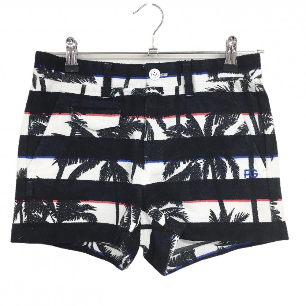 【新品】パーリーゲイツ ショートパンツ 黒×白 ボーダー ヤシの木柄 薄手パイル風生地 レディース 0(S) ゴルフウェア PEARLY GATES