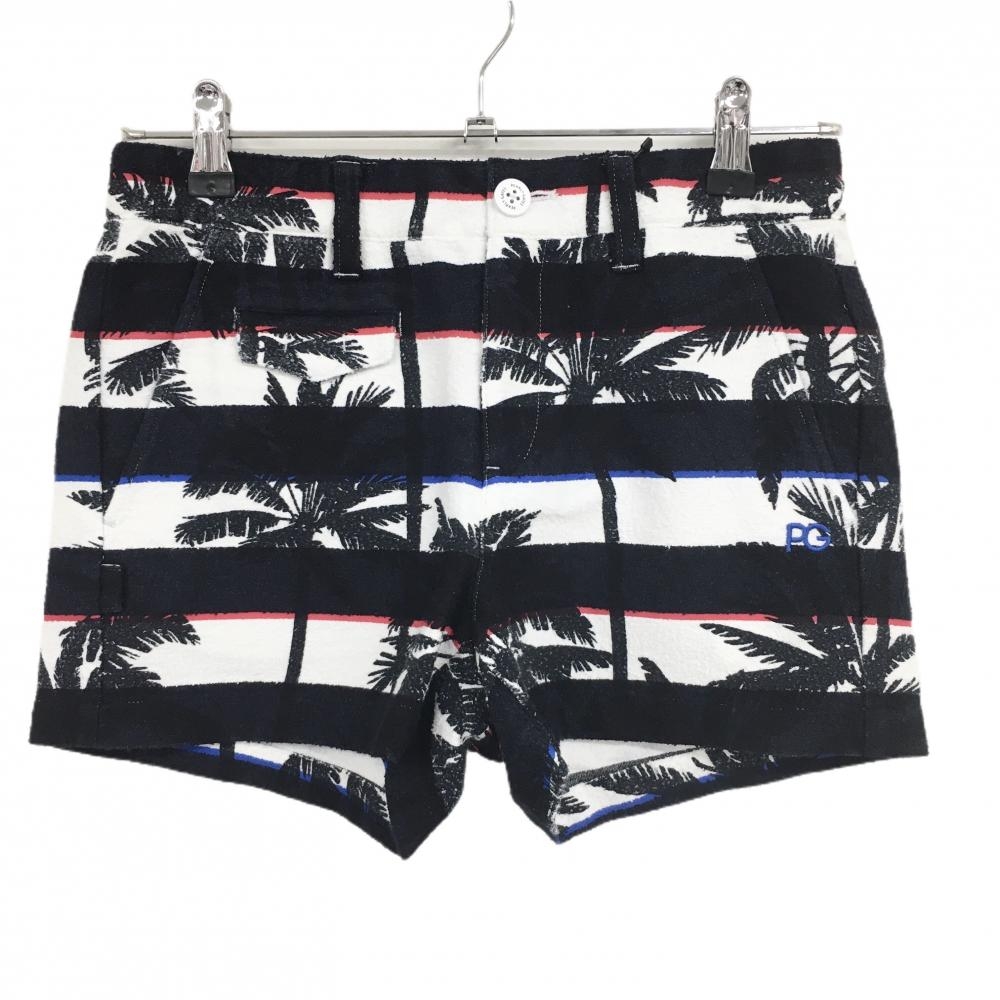 【新品】パーリーゲイツ ショートパンツ 黒×白 ボーダー ヤシの木柄 薄手パイル風生地 レディース 0(S) ゴルフウェア PEARLY GATES