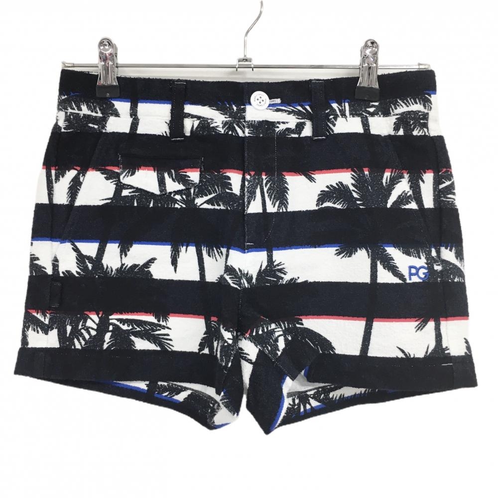 【新品】パーリーゲイツ ショートパンツ 黒×白 ボーダー ヤシの木柄 薄手パイル風生地 レディース 0(S) ゴルフウェア PEARLY GATES
