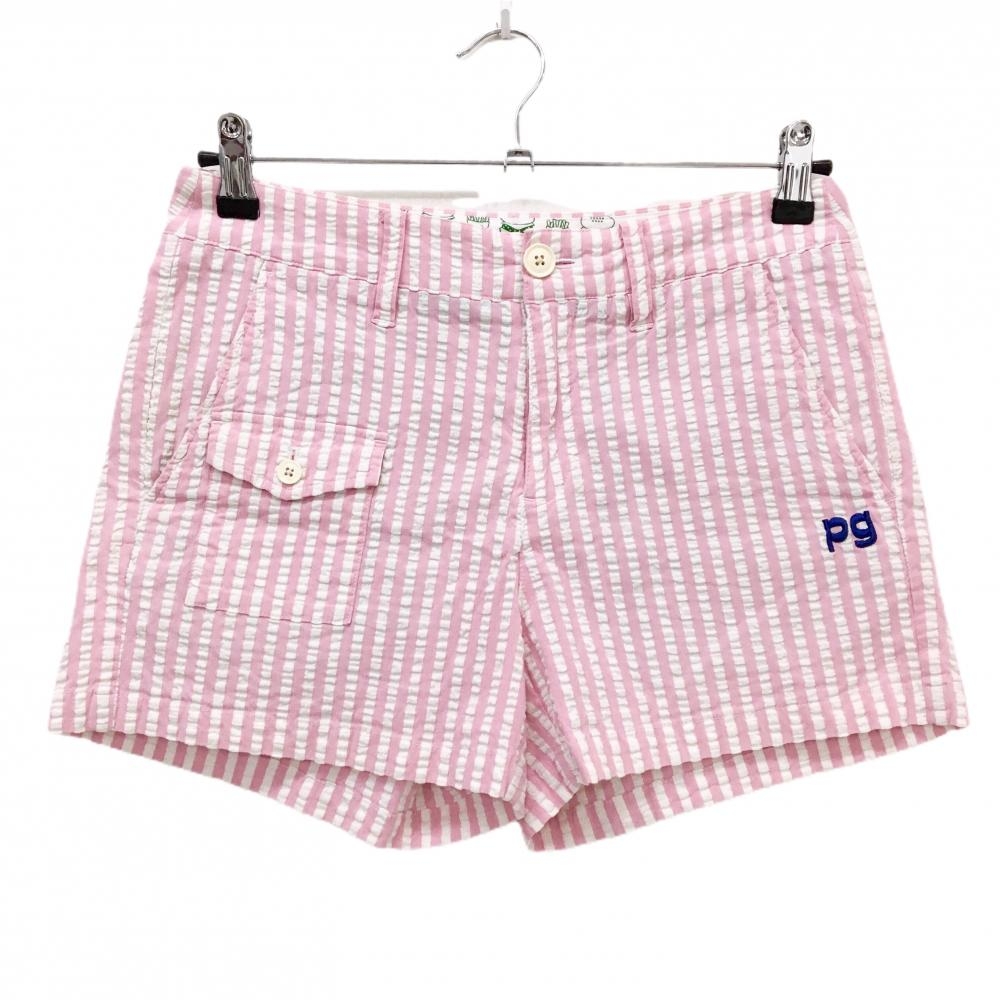 【美品】パーリーゲイツ ショートパンツ 白×ピンク ストライプ レディース 0(S) ゴルフウェア PEARLY GATES
