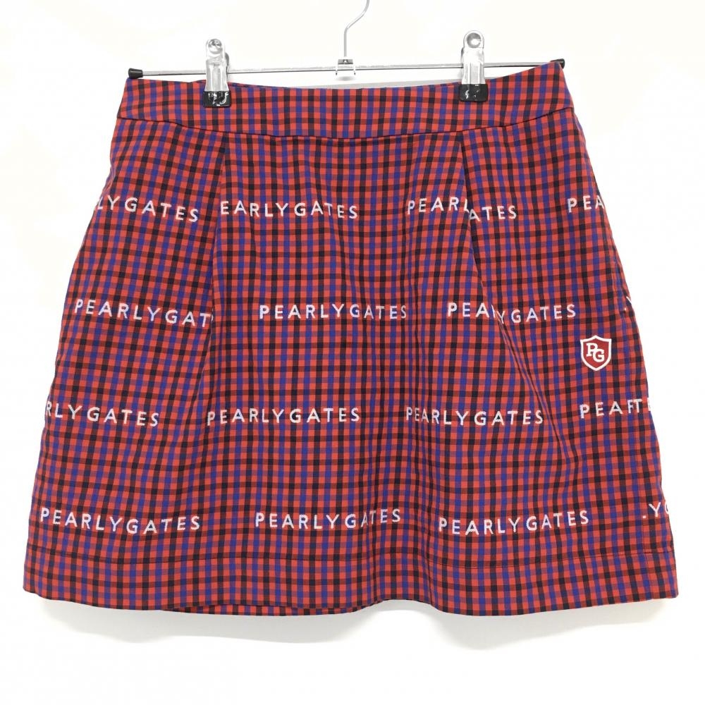 【超美品】パーリーゲイツ スカートレッド×ブルー チェック ストレッチ レディース 1(M) ゴルフウェア PEARLY GATES