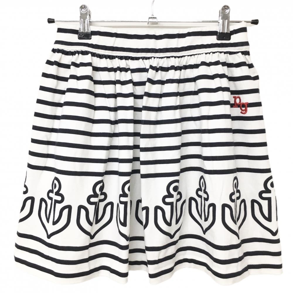 【美品】パーリーゲイツ スカート 白×ダークネイビー ボーダー イカリ柄 ウエストゴム  レディース 2(L) ゴルフウェア PEARLY GATES