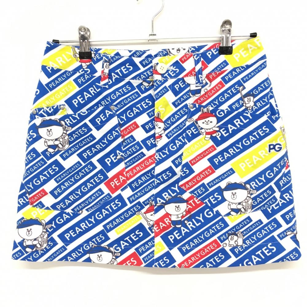 【超美品】パーリーゲイツ×LINE FRIENDS スカート 白×ブルー 斜めロゴ総柄 レディース 1(M) ゴルフウェア 2022年モデル PEARLY GATES
