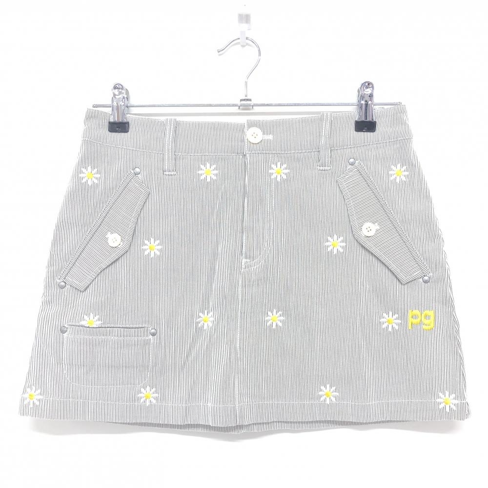 【美品】パーリーゲイツ スカート グレー×白 細ストライプ 花刺しゅう レディース 0(S) ゴルフウェア PEARLY GATES