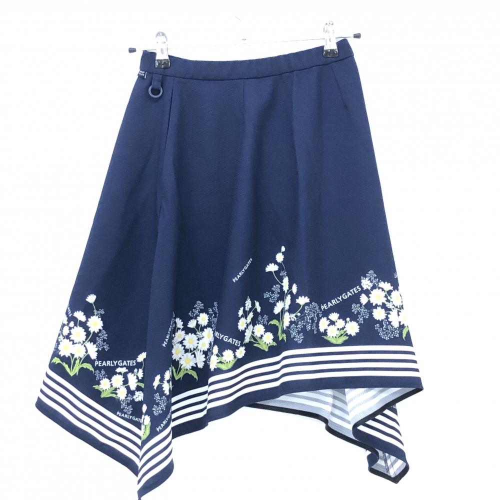 【超美品】パーリーゲイツ スカート ネイビー×白 裾花柄 ライン レディース 0(S) ゴルフウェア 2022年モデル PEARLY GATES