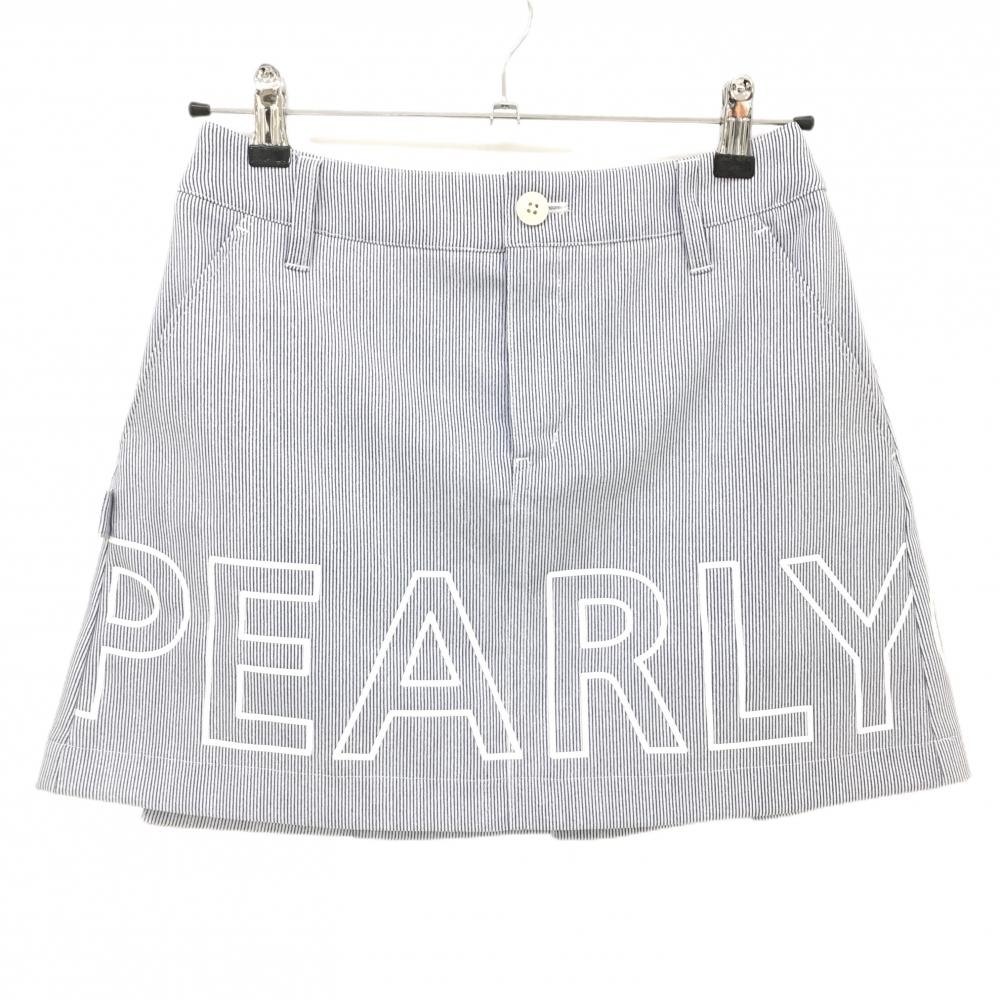 【超美品】パーリーゲイツ スカート ネイビー×白 細ストライプ 裾ロゴ レディース 00(XS) ゴルフウェア PEARLY GATES