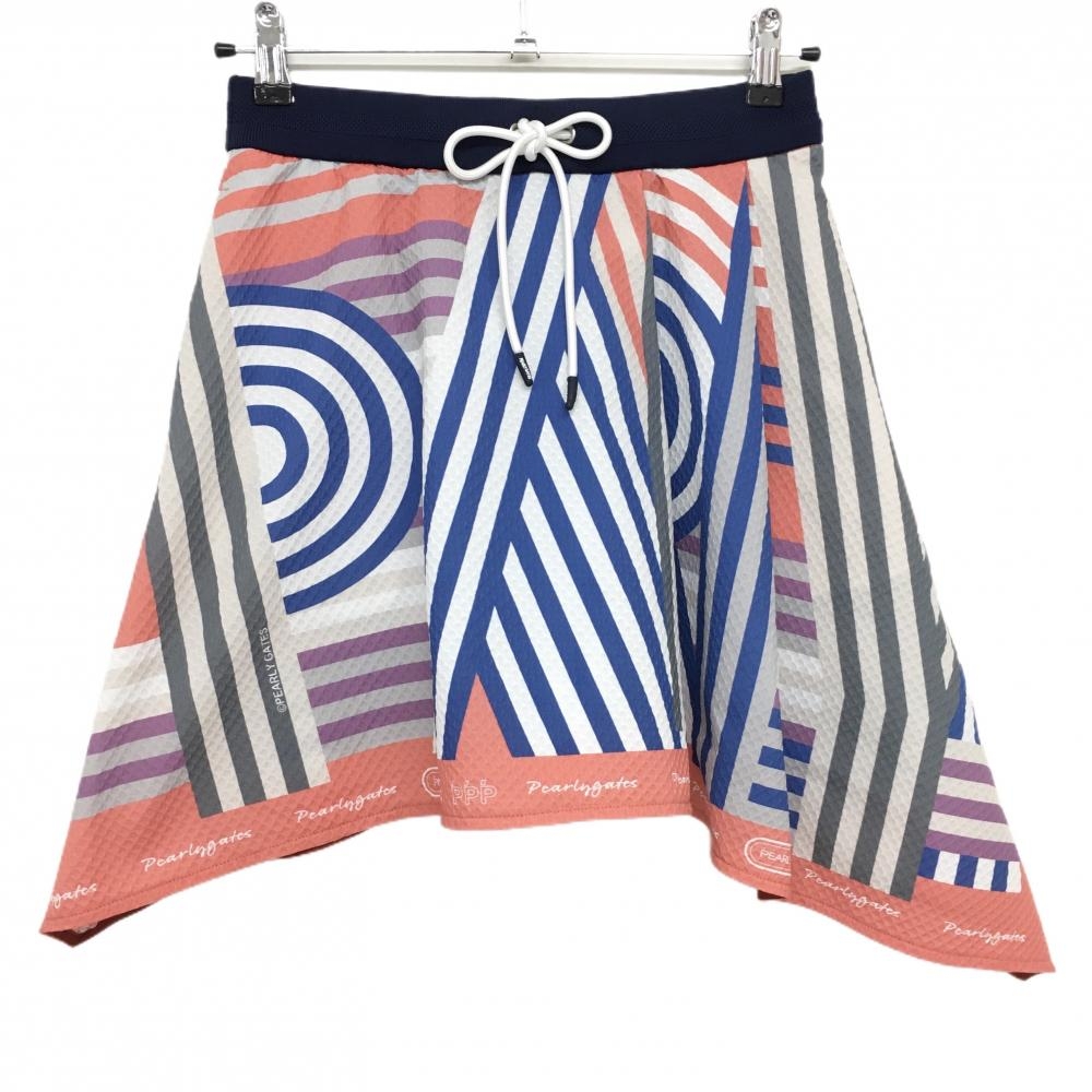 【超美品】パーリーゲイツ スカート 白×ピンク×ブルー 総柄 ウエスト調整紐 レディース 0(S) ゴルフウェア 2024年モデル PEARLY GATES