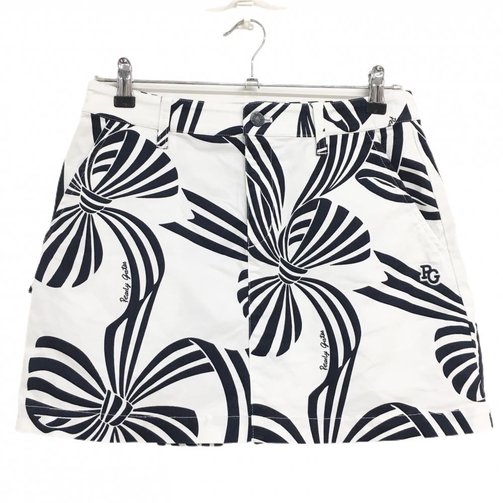 【美品】パーリーゲイツ スカート 白×ネイビー リボン柄 30周年 裏地ニコちゃん レディース 0(S) ゴルフウェア PEARLY GATES