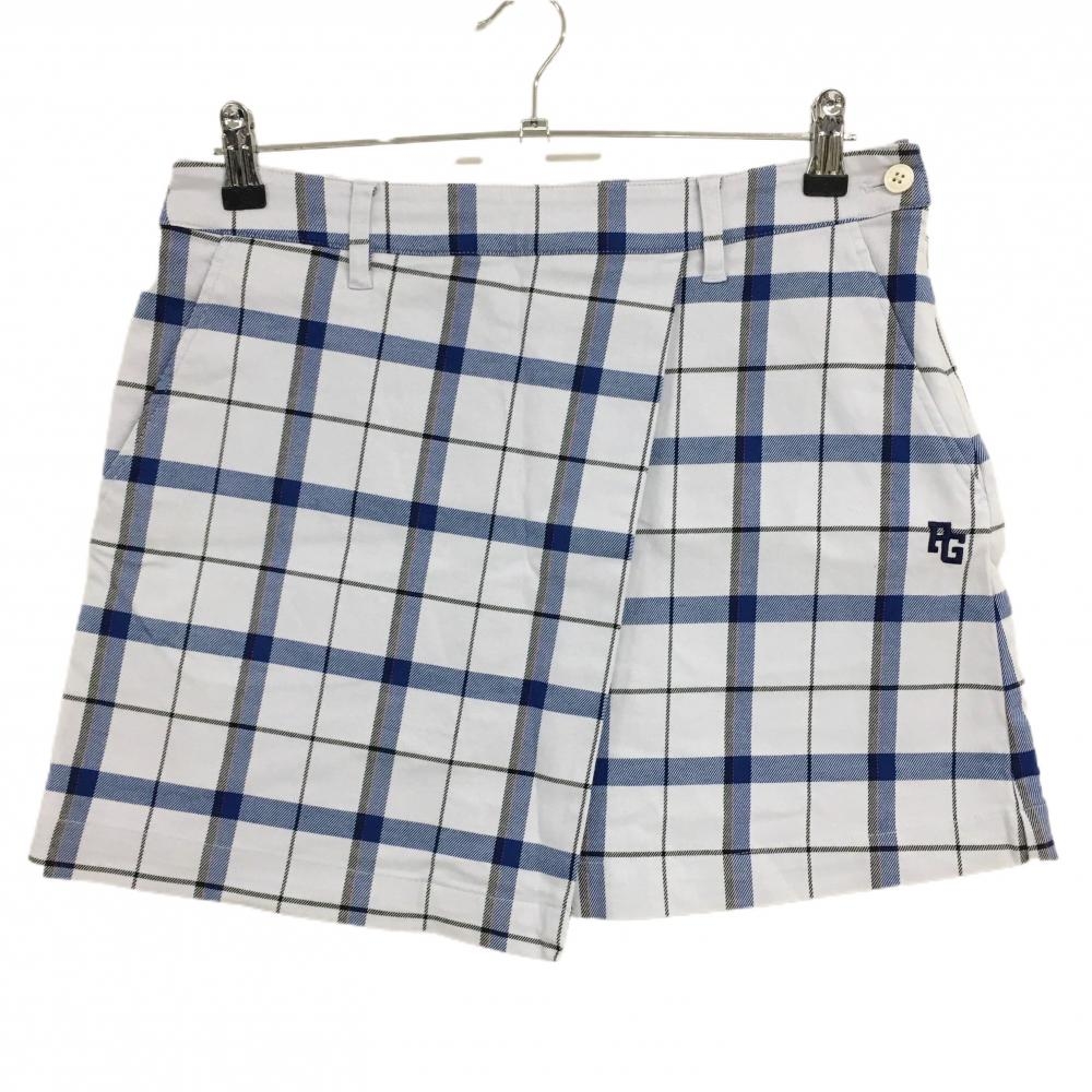【美品】パーリーゲイツ スカート 白×ブルー×黒 チェック 30周年 裏地ニコちゃん ストレッチ レディース 2(L) ゴルフウェア PEARLY GATES
