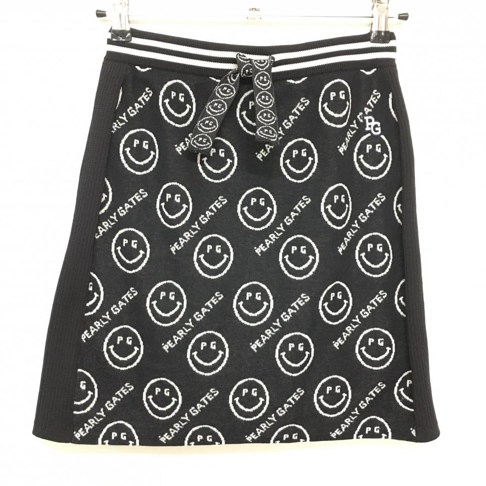 【超美品】パーリーゲイツ ニットスカート 黒×白 ニコちゃん総柄 スマイル ウエストゴム レディース 1(M) ゴルフウェア PEARLY GATES