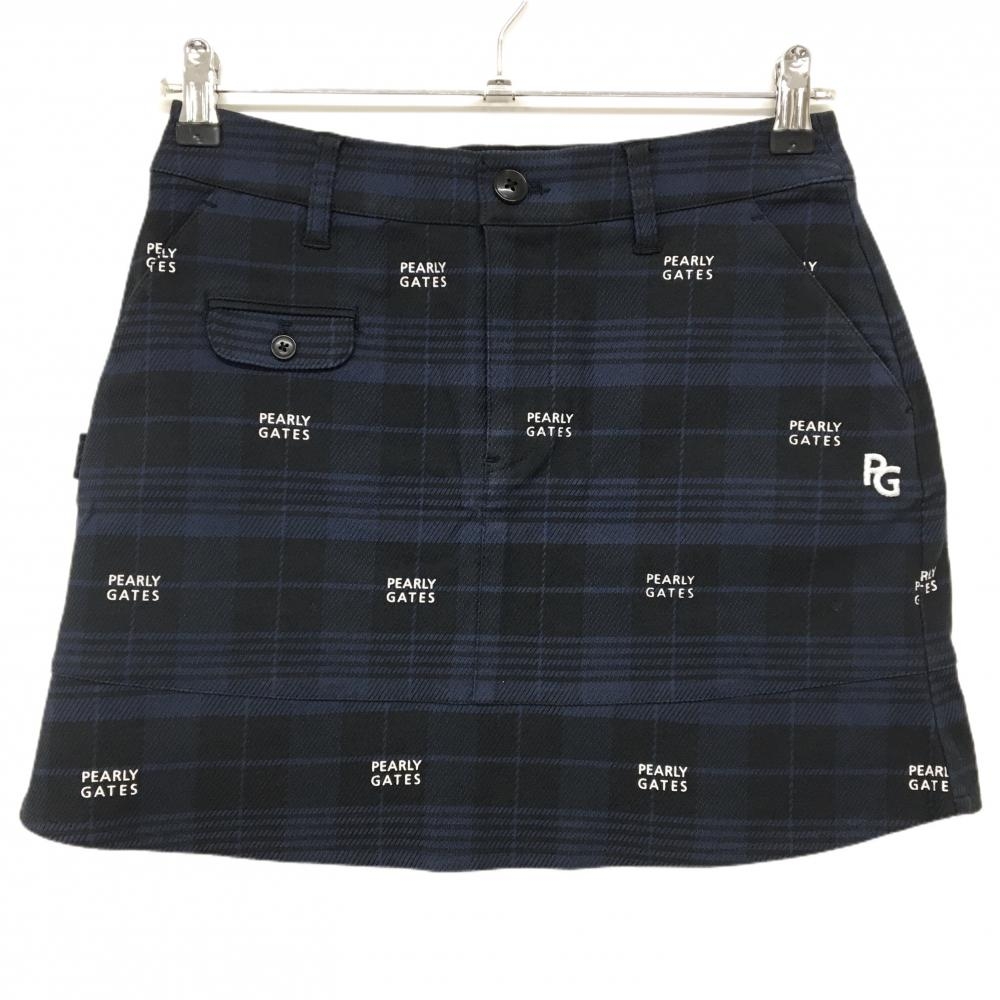 【超美品】パーリーゲイツ スカート ネイビー チェック ロゴ白 レディース 0(S) ゴルフウェア PEARLY GATES