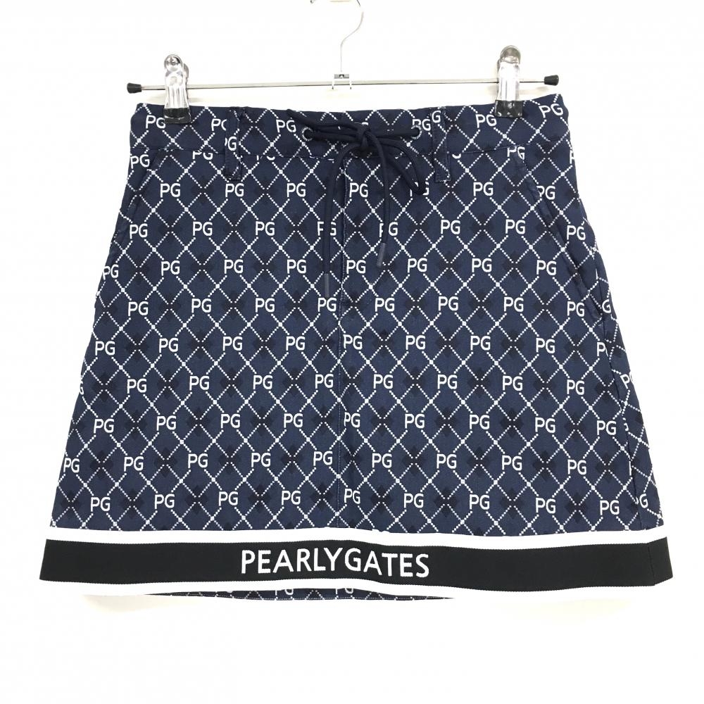【超美品】パーリーゲイツ スカート ネイビー×白ロゴ総柄 格子柄 レディース 0(S) ゴルフウェア PEARLY GATES