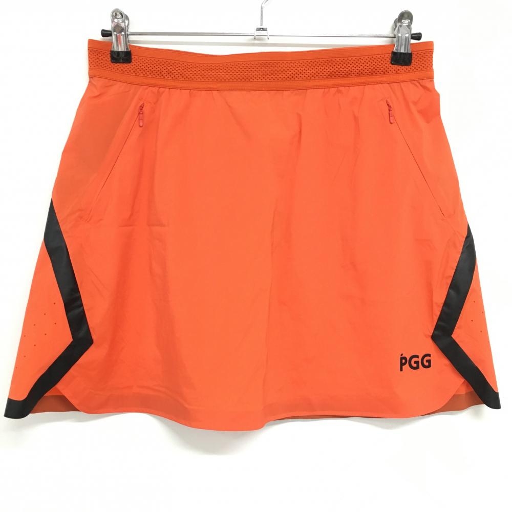 【美品】PGGパーリーゲイツ ナイロンスカート オレンジ×黒 ビッグロゴ ウエストゴム  レディース 2(L) ゴルフウェア PEARLY GATES