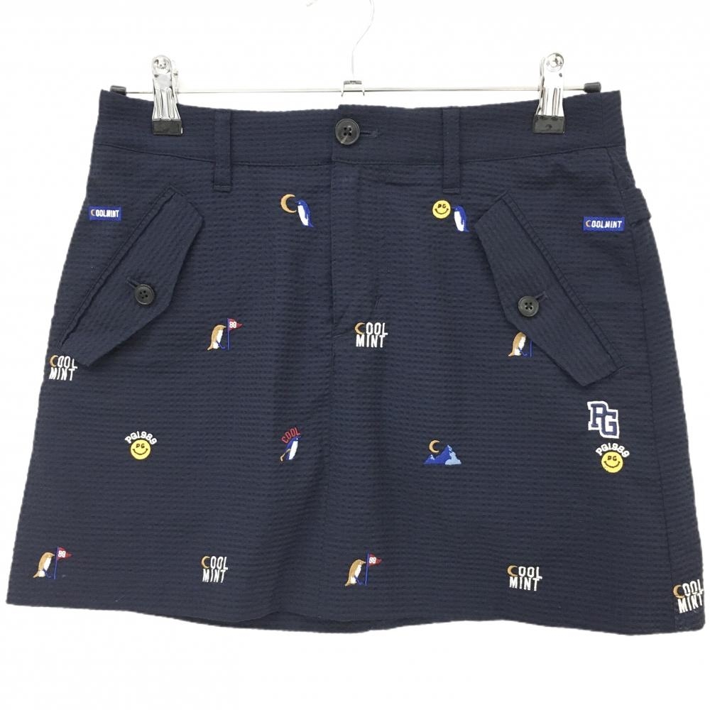 【超美品】パーリーゲイツ スカート ネイビー 刺しゅう総柄 COOL MINT サッカー生地調 レディース 0(S) ゴルフウェア PEARLY GATES