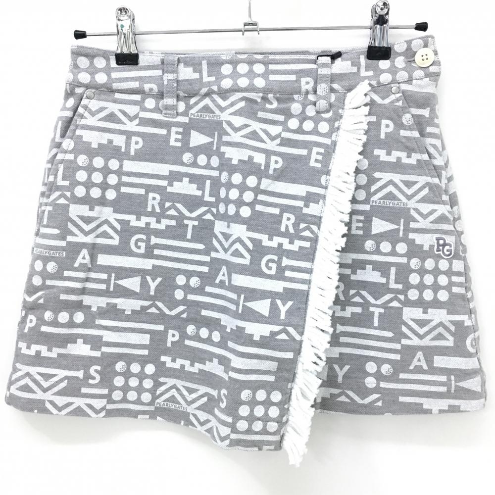 【新品】パーリーゲイツ スカート グレー×白 総柄 フリンジ ストレッチ レディース 0(S) ゴルフウェア PEARLY GATES