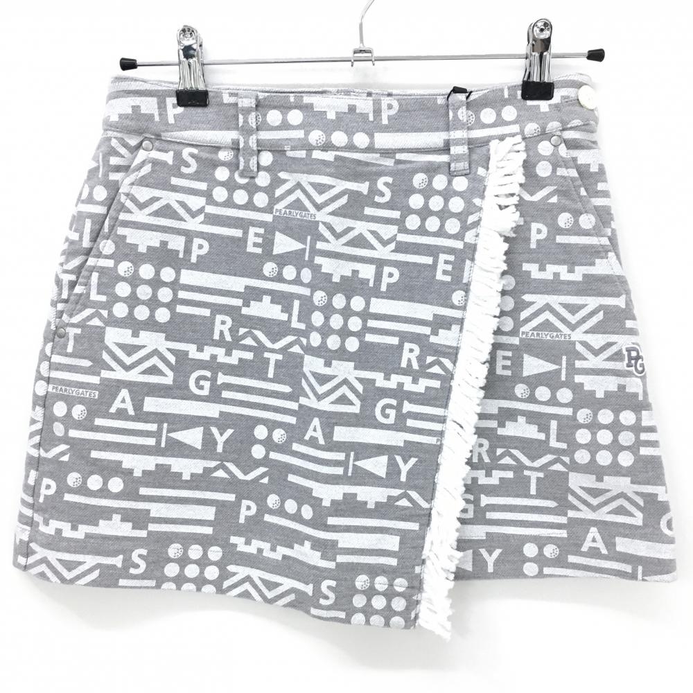 【新品】パーリーゲイツ スカート グレー×白 総柄 フリンジ ストレッチ レディース 0(S) ゴルフウェア PEARLY GATES