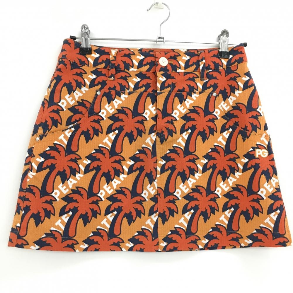 【新品】パーリーゲイツ スカート オレンジ×ネイビー ヤシの木柄 サッカー生地 接触冷感 レディース 1(M) ゴルフウェア PEARLY GATES