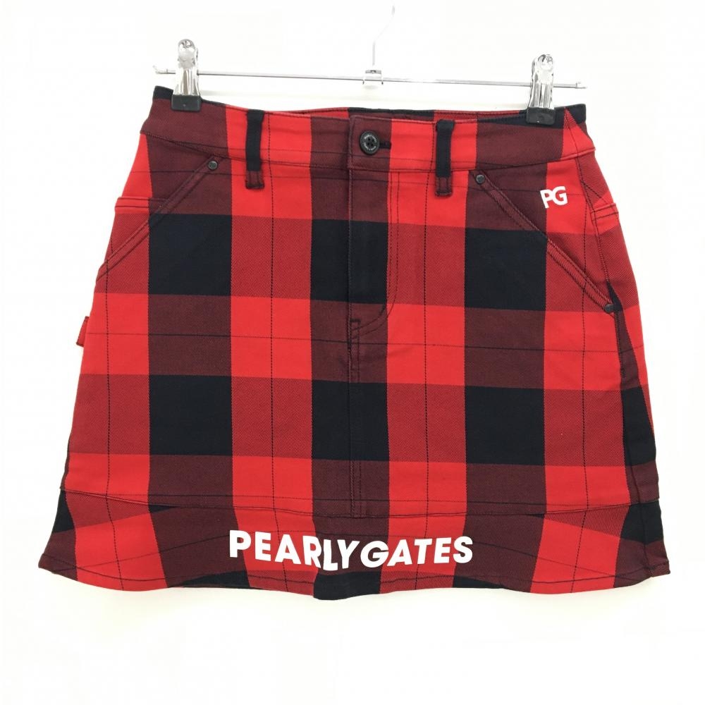 【新品】パーリーゲイツ スカート レッド×ダークネイビー チェック柄 ロゴ白 ストレッチ レディース 0(S) ゴルフウェア PEARLY GATES