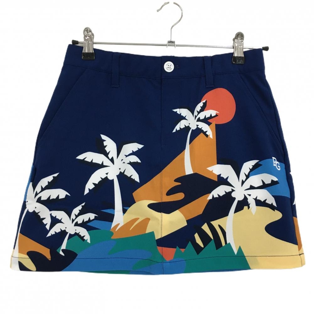 【新品】パーリーゲイツ スカート ネイビー×マルチカラー ヤシの木柄 ロゴ白 レディース 0(S) ゴルフウェア PEARLY GATES