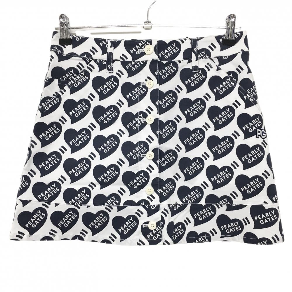 【新品】パーリーゲイツ スカート 白×ネイビー ハートロゴ総柄 ストレッチ レディース 0(S) ゴルフウェア PEARLY GATES