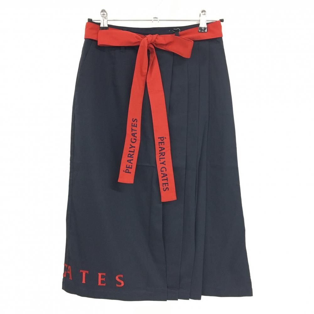 【新品】パーリーゲイツ スカート ダークネイビー×レッド ロゴ刺しゅう ひざ下丈  レディース 0(S) ゴルフウェア PEARLY GATES