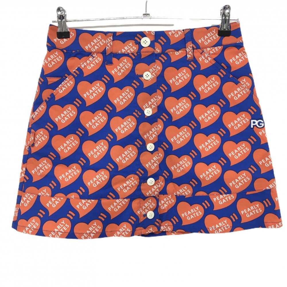 【新品】パーリーゲイツ スカート ブルー×オレンジ ハートロゴ総柄 フロントフェイクボタン レディース 0(S) ゴルフウェア PEARLY GATES