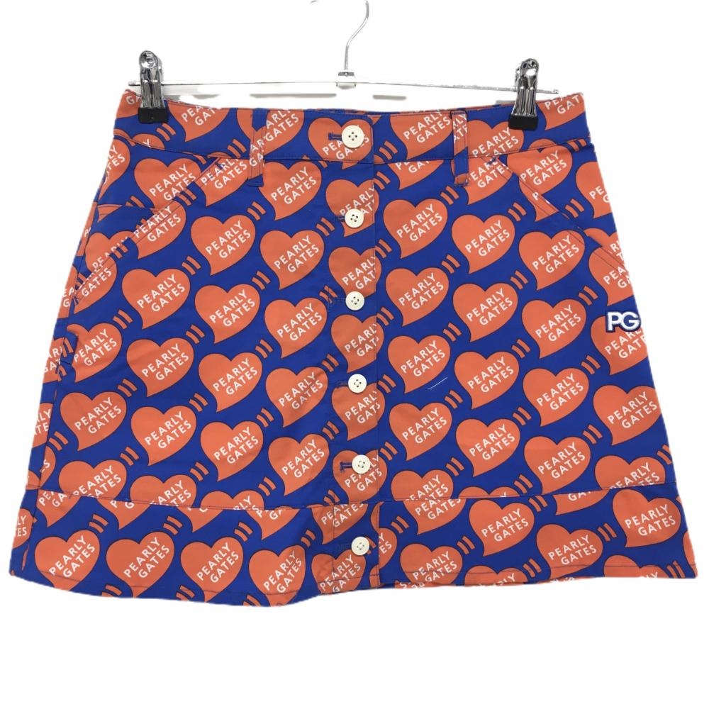 【新品】パーリーゲイツ スカート ブルー×オレンジ ハートロゴ総柄 フロントフェイクボタン レディース 1(M) ゴルフウェア PEARLY GATES