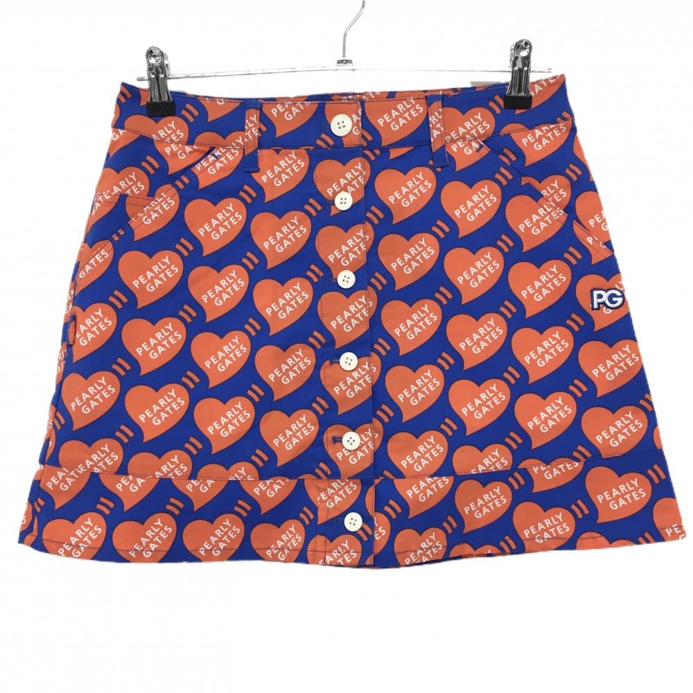 【新品】パーリーゲイツ スカート ブルー×オレンジ ハートロゴ総柄 フロントフェイクボタン レディース 1(M) ゴルフウェア PEARLY GATES