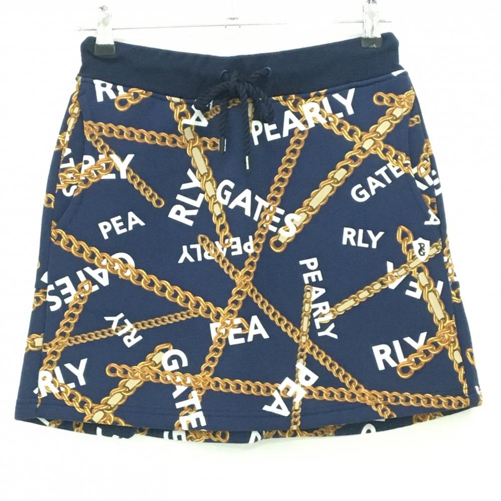 【新品】パーリーゲイツ スカート ネイビー×ゴールド チェーン柄 ウエストゴム 調節紐 レディース 0(S) ゴルフウェア PEARLY GATES