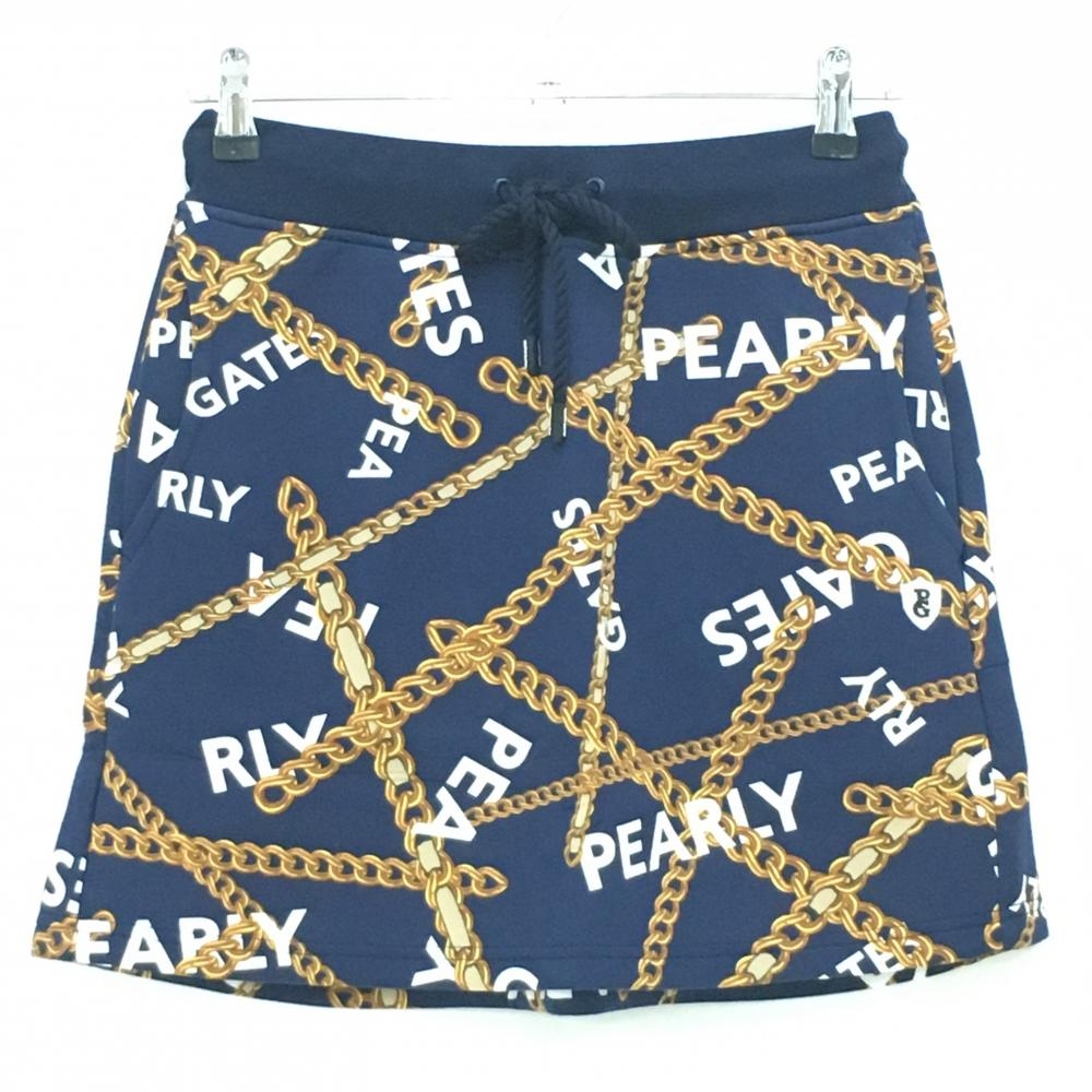 【新品】パーリーゲイツ スカート ネイビー×ゴールド チェーン柄 ウエストゴム 調節紐 レディース 0(S) ゴルフウェア PEARLY GATES