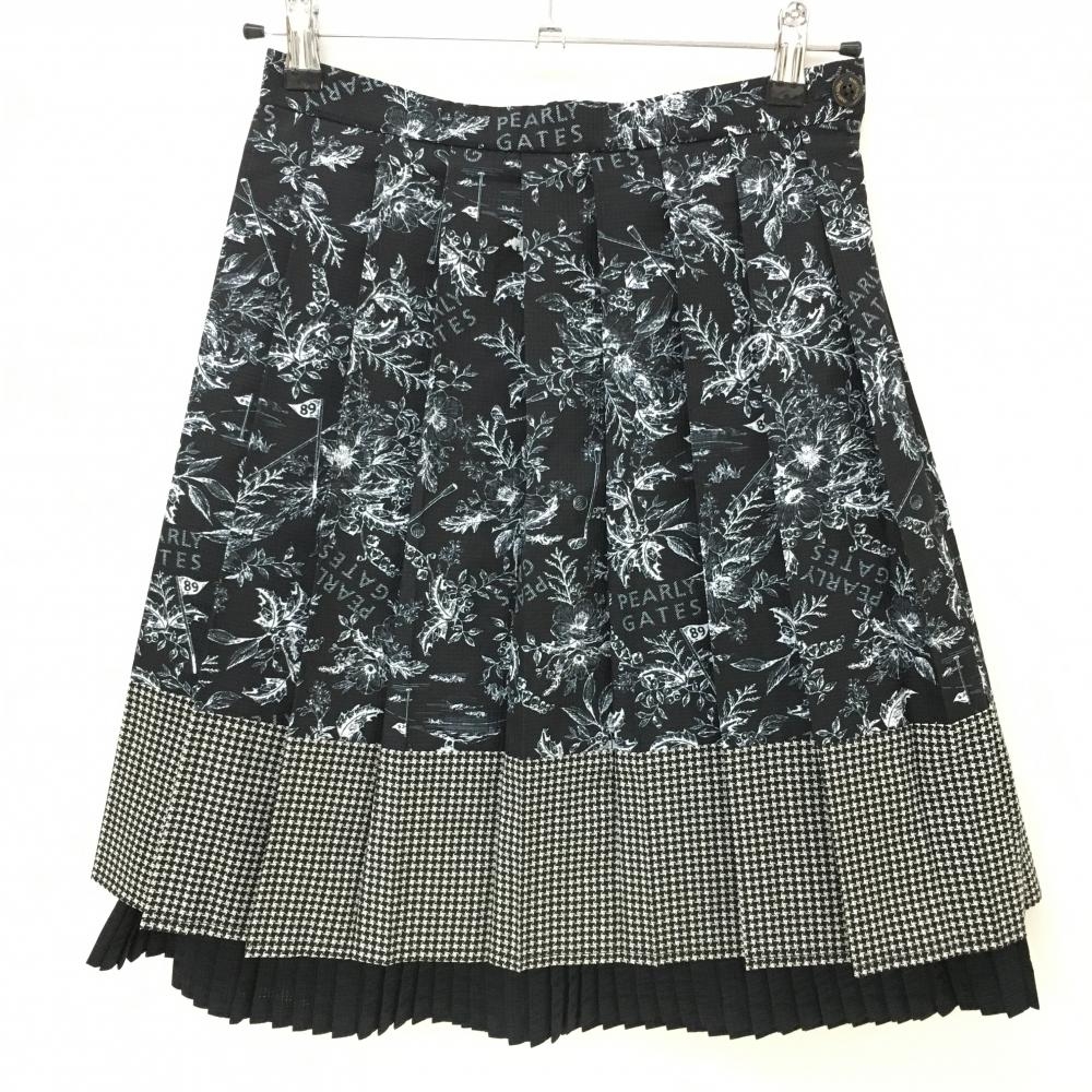 【新品】パーリーゲイツ プリーツスカート 黒×白 花柄 格子織生地 ひざ丈 レディース 0(S) ゴルフウェア PEARLY GATES