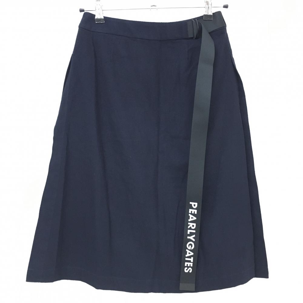 【新品】パーリーゲイツ スカート ネイビー×黒 表微起毛 サイドスリット・プリーツ ひざ下丈 レディース 0(S) ゴルフウェア PEARLY GATES