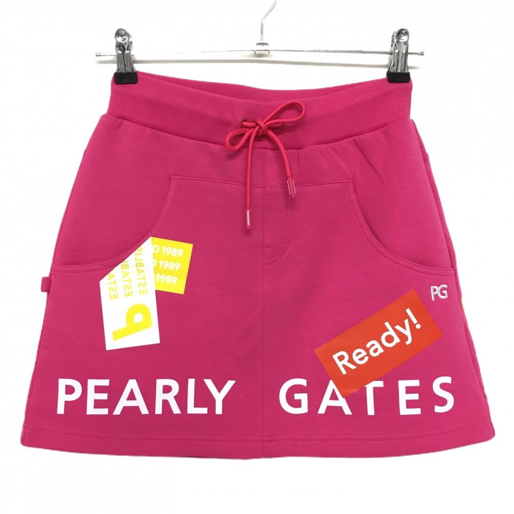 【新品】パーリーゲイツ スカート ピンク×マルチカラー 複数プリント ウエストゴム 調節紐 レディース 0(S) ゴルフウェア PEARLY GATES
