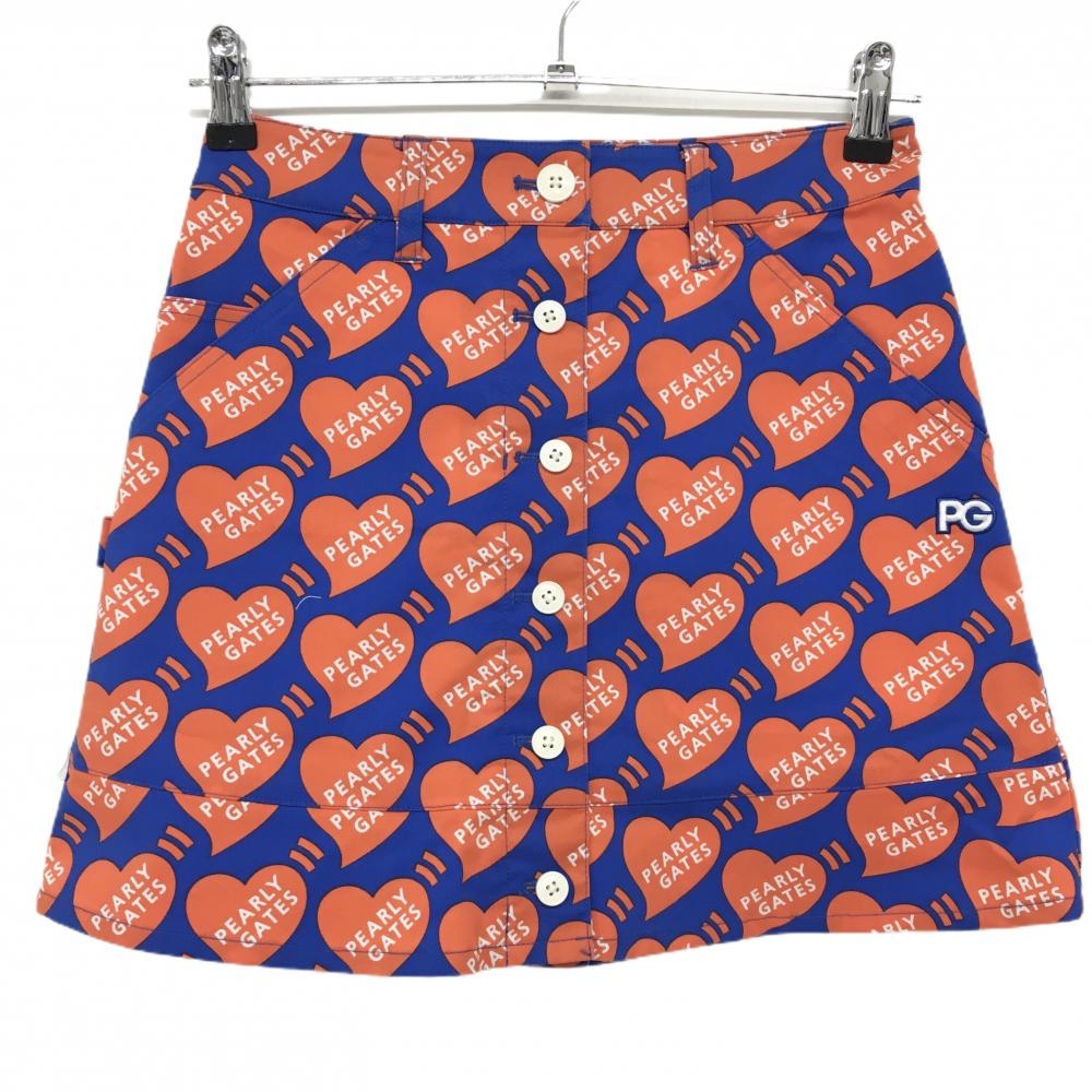 【新品】パーリーゲイツ スカート ブルー×オレンジ ハートロゴ総柄 フロントフェイクボタン レディース 00(XS) ゴルフウェア PEARLY GATES