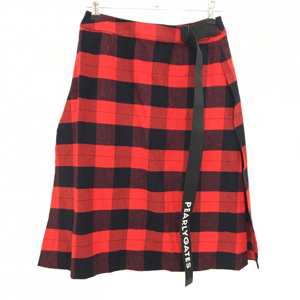 【新品】パーリーゲイツ スカート レッド×黒ダークネイビー チェック柄 サイドスリット レディース 0(S) ゴルフウェア PEARLY GATES