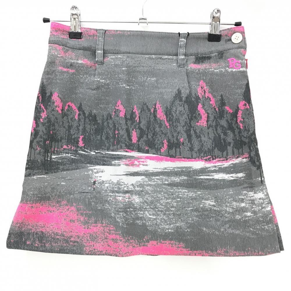 【新品】パーリーゲイツ スカート グレー×蛍光ピンク 総柄 自然 風景 サイドファスナー レディース 00(XS) ゴルフウェア PEARLY GATES