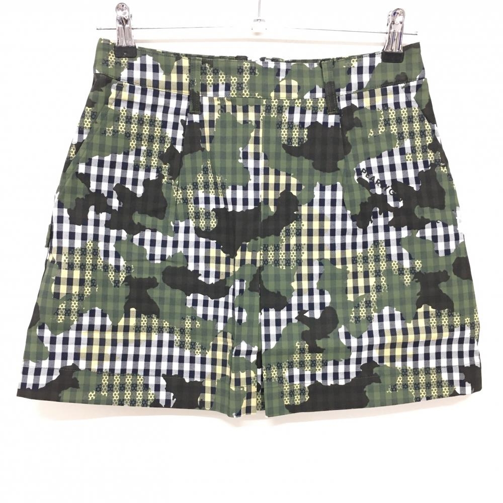 【新品】パーリーゲイツ スカート 白×カーキ チェック カモフラ調 バックファスナーリボン レディース 0(S) ゴルフウェア PEARLY GATES