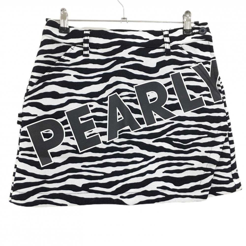 【新品】パーリーゲイツ スカート 白×黒 ゼブラ柄 織生地 ビッグロゴプリント レディース 1(M) ゴルフウェア PEARLY GATES