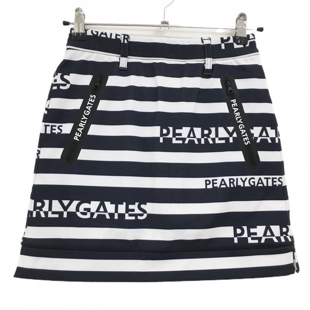 【新品】パーリーゲイツ スカート 白×ネイビー ボーダー柄 ポケットロゴプリント 裏微起毛 レディース 00(XS) ゴルフウェア PEARLY GATES