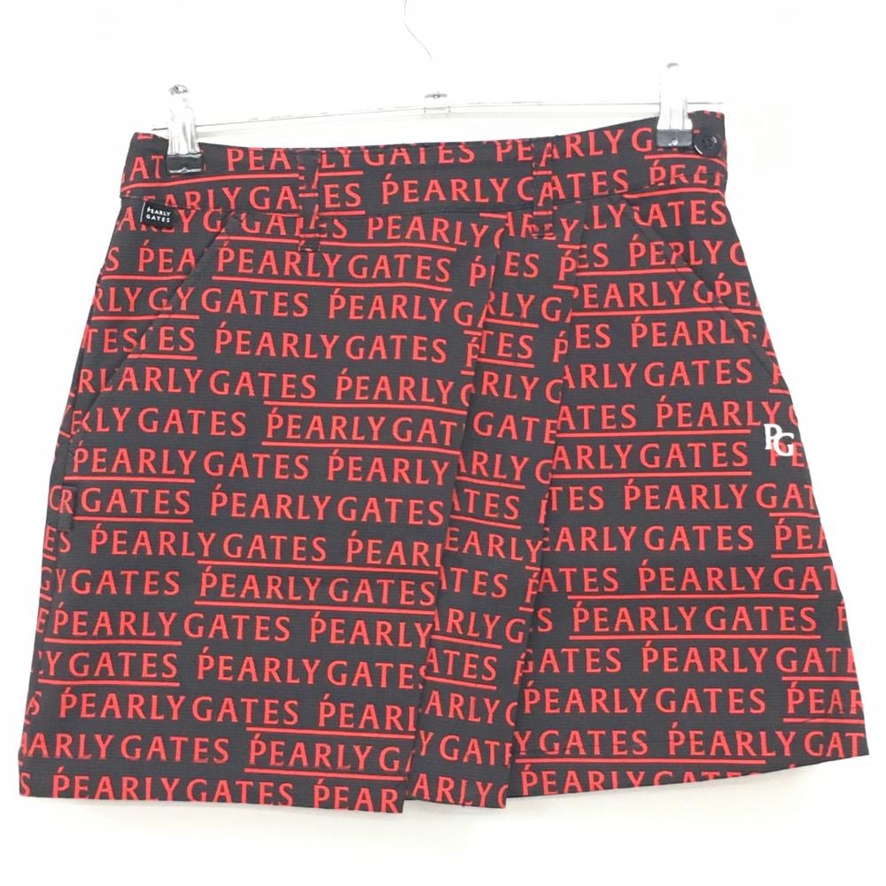 【新品】パーリーゲイツ スカート 黒×レッド ロゴ総柄 ストレッチ サイドファスナー レディース 0(S) ゴルフウェア PEARLY GATES