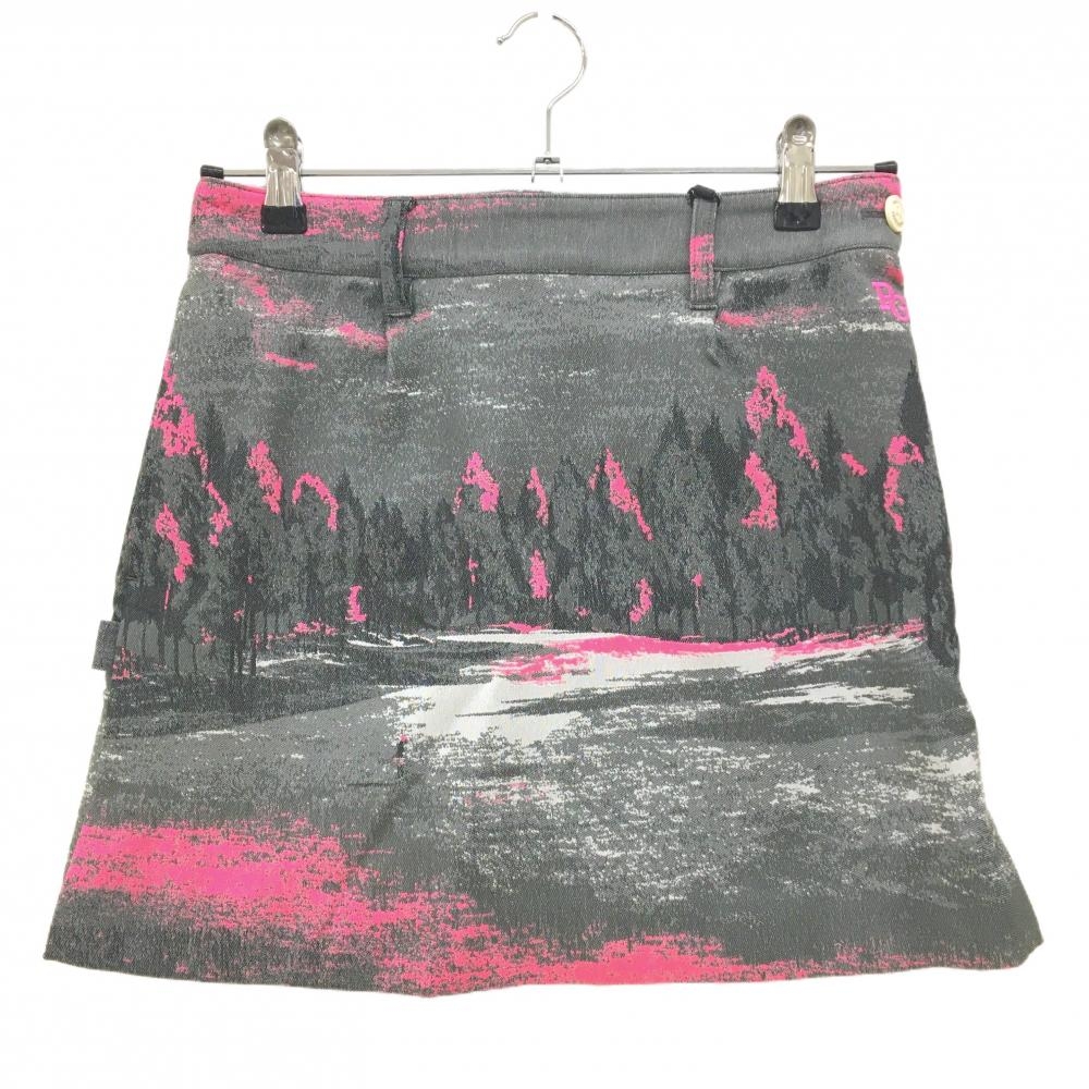【新品】パーリーゲイツ スカート グレー×蛍光ピンク 総柄 自然 風景 裏地付き レディース 0(S) ゴルフウェア PEARLY GATES