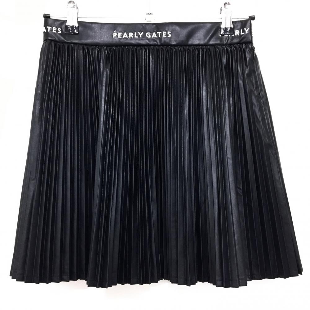 【新品】パーリーゲイツ プリーツスカート 黒×白 ウエストロゴ 光沢感 合皮 レディース 0(S) ゴルフウェア PEARLY GATES
