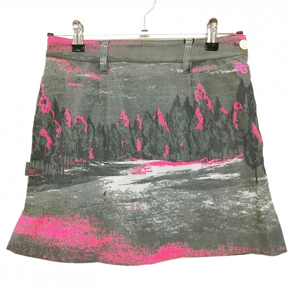 【新品】パーリーゲイツ スカート グレー×蛍光ピンク 総柄 自然 風景 裏地付き レディース 0(S) ゴルフウェア PEARLY GATES