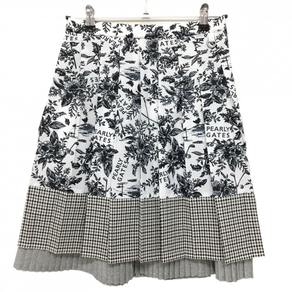 【新品】パーリーゲイツ プリーツスカート 白×ダークネイビー 花柄 リーフ 格子柄織生地 レディース 0(S) ゴルフウェア PEARLY GATES