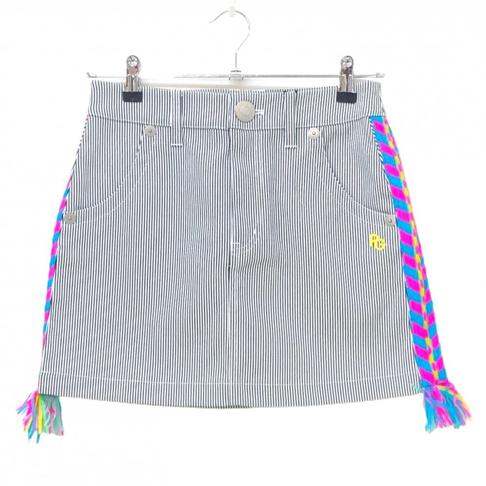 【新品】パーリーゲイツ スカート 白×ネイビー ストライプ サイド異素材 フリンジ レディース 0(S) ゴルフウェア PEARLY GATES