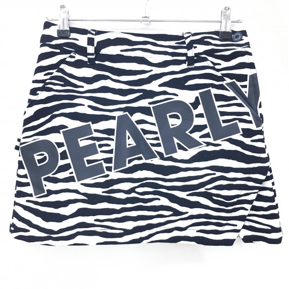 【新品】パーリーゲイツ スカート 白×黒 ゼブラ柄 織生地 ビッグロゴプリント レディース 0(S) ゴルフウェア PEARLY GATES