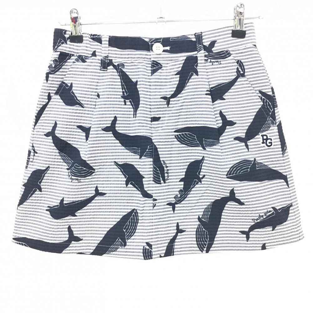 【新品】パーリーゲイツ スカート 白×グレー×黒 総柄 イルカ クジラ サッカー生地 レディース 0(S) ゴルフウェア PEARLY GATES