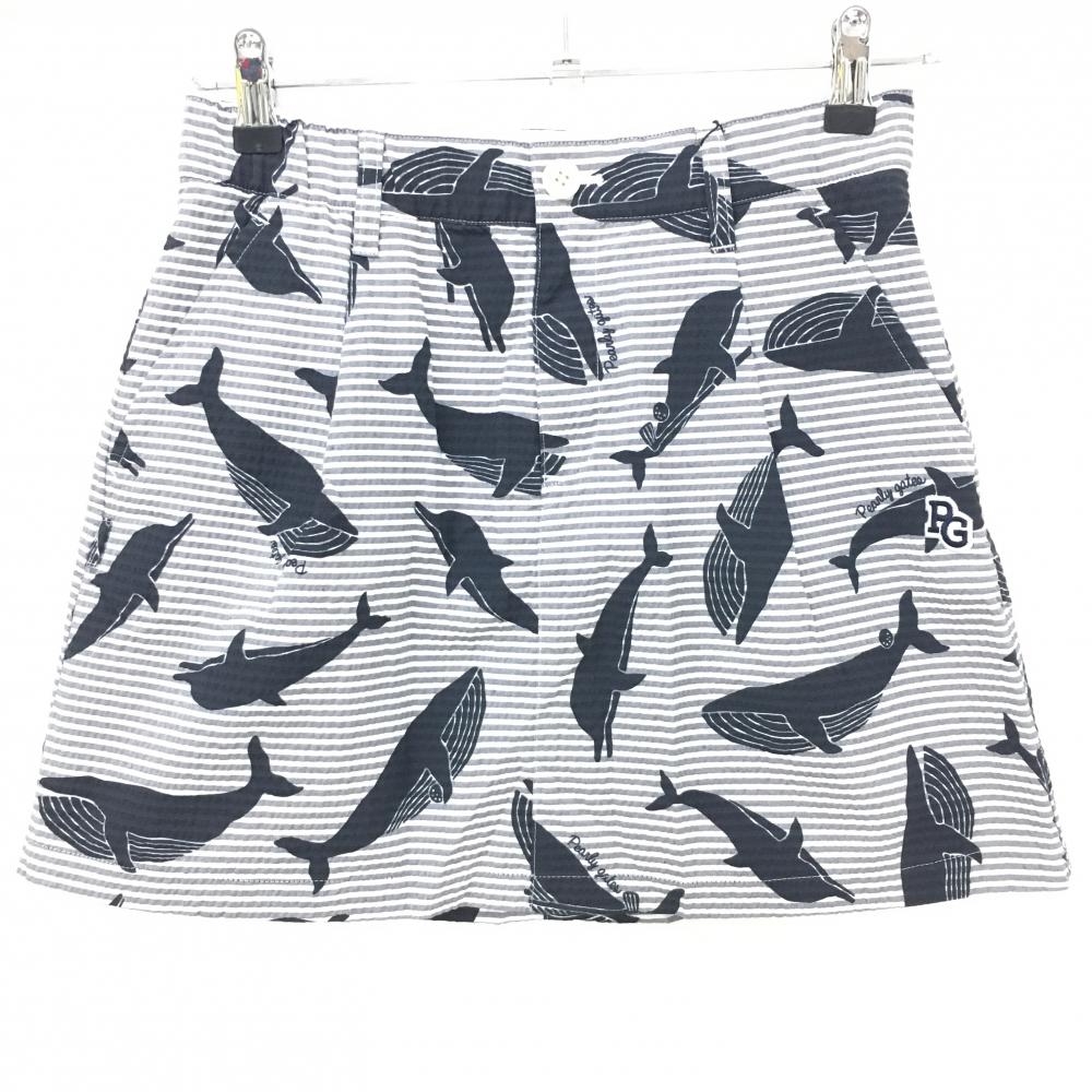 【新品】パーリーゲイツ スカート 白×グレー×黒 総柄 イルカ クジラ サッカー生地 レディース 0(S) ゴルフウェア PEARLY GATES